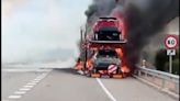 El impresionante incendio de un camión con coches híbridos en Teruel