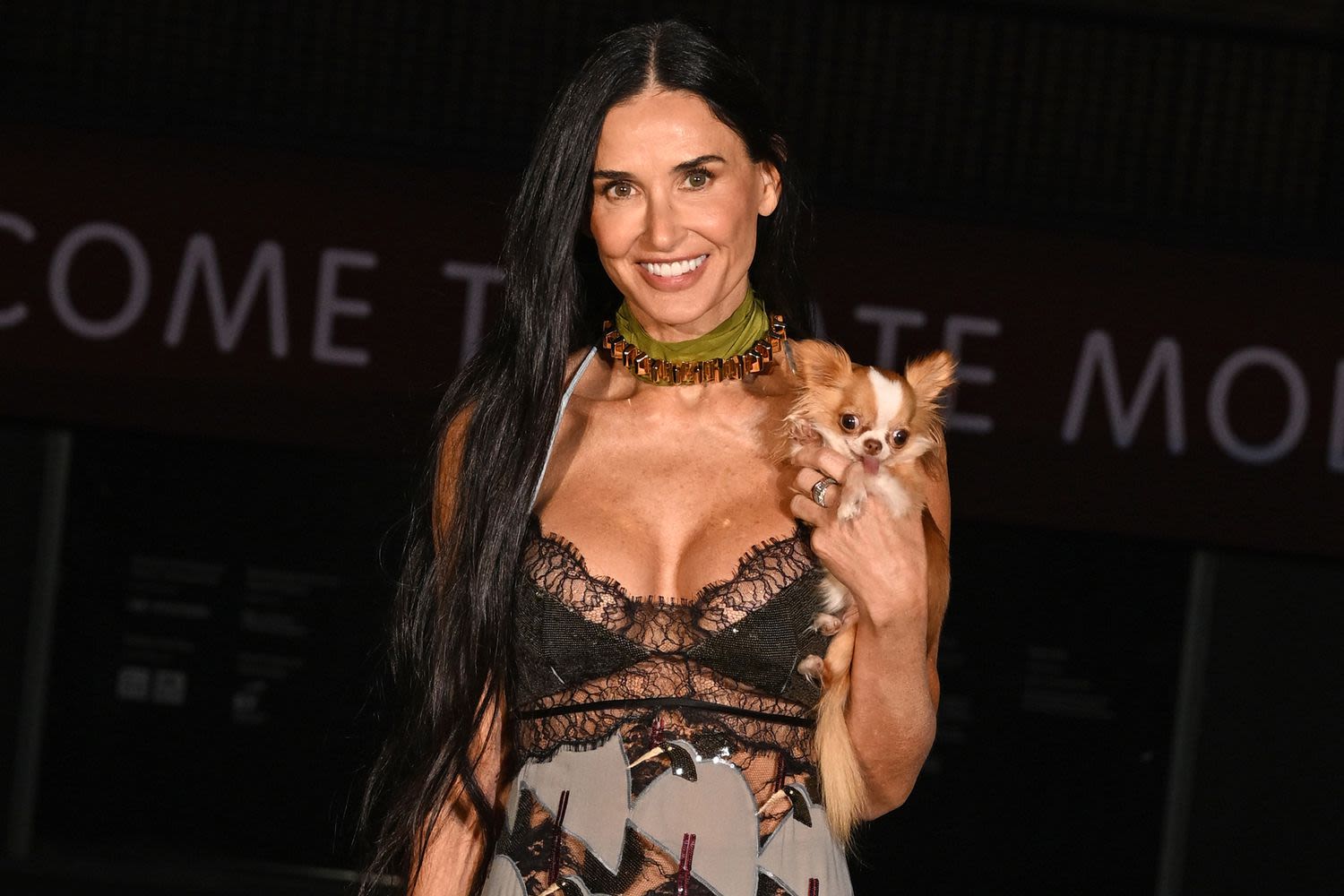 Demi Moore Dressed Up Her Daring Sheer Gown at the Gucci Show with the Sweetest Accessory — Her Dog!