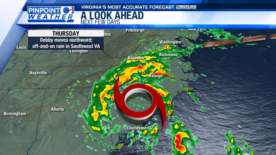 Pinpoint Weather: Debby to produce waves of heavy rain