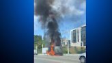 Tractor-trailer fire on the westbound Bay Bridge slows traffic at Treasure Island