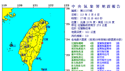 花蓮近海17：52再震 規模依舊達5.9！