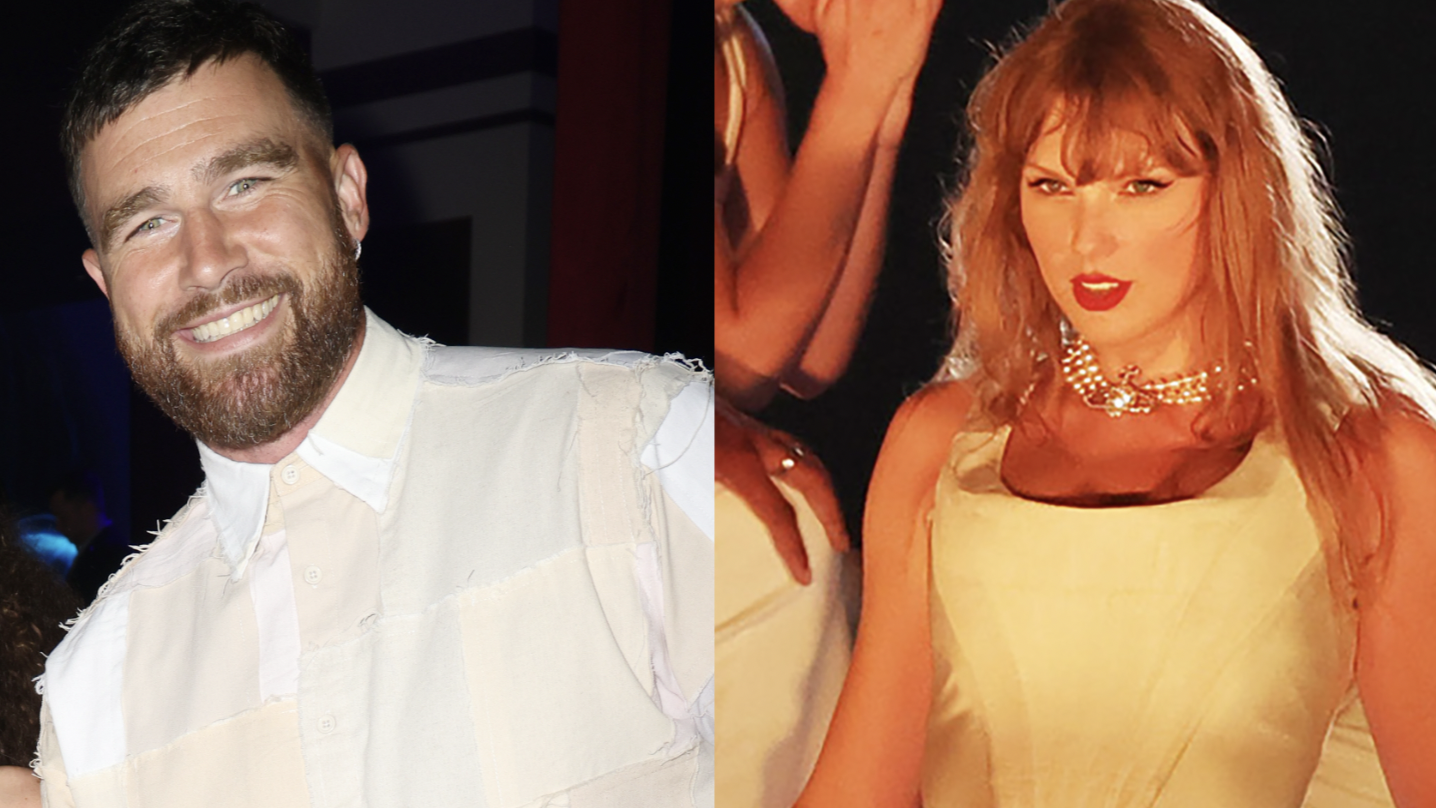 Travis ﻿Kelce Reacts to Taylor Swift ﻿Serenading Him With "So High School" During Paris Show