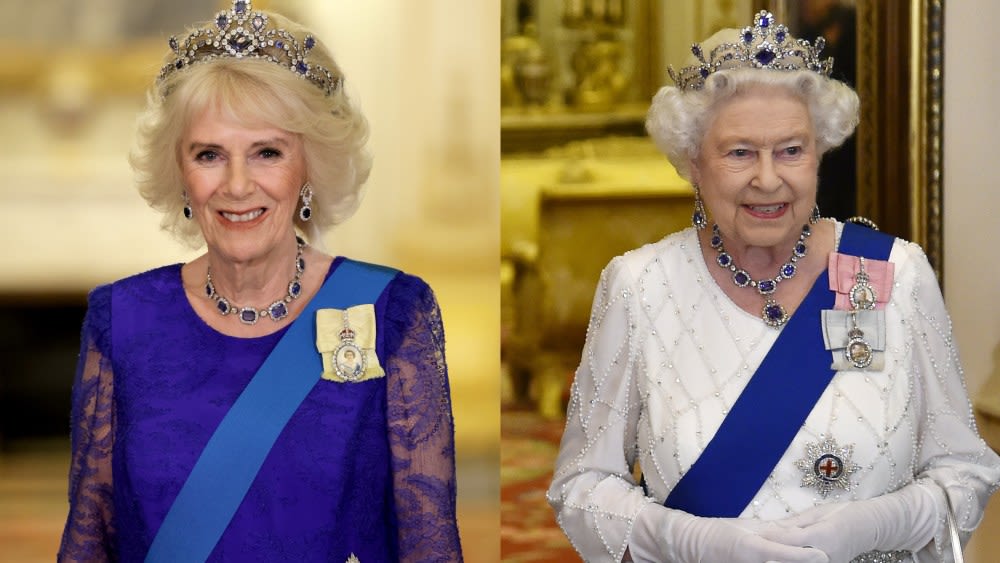 Queen Camilla Wearing Queen Elizabeth II’s Jewelry: Brooches, Sapphire and Diamond Tiara, Coronation Day Necklace and More