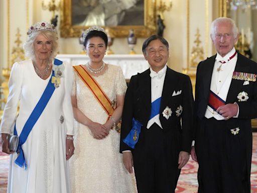 Queen wears the King Charles III Family Order for first time at state banquet