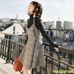AryinZzz雜貨檔 韓國女裝秋冬裝小可愛收腰背帶裙復古毛呢格子打底小可愛洋裝