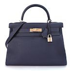 HERMES 愛馬仕 Kelly TG牛皮皮革手提/肩背凱莉包(32CM/2Z午夜藍/金釦)