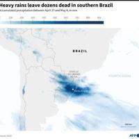 Map of Brazil locating the state of Rio Grande do Sul, the city of Porto Alegre and the heavy rainfall between April 27 and May 4, which has left dozens dead