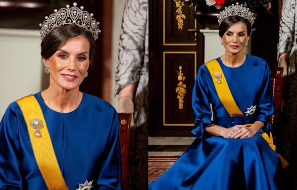 Queen Letizia of Spain Shines in Diamond Loop Tiara and Royal Blue Gown for The Netherlands State Banquet