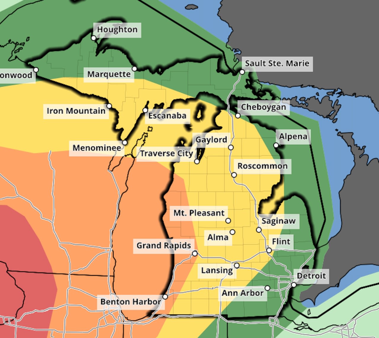 Tornado, damaging wind outbreak area has Michigan in eastern edge