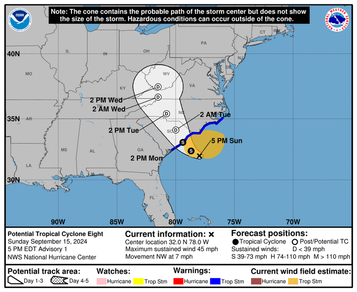 Tropical storm aims for the Carolinas. Heavy rain, gusty winds expected Monday