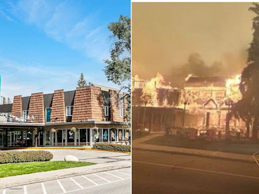 Jasper National Park engulfed in flames: Shocking before and after photos show famous Maligne Lodge burning as Alberta wildfire spreads