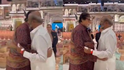 Rajinikanth greets Amitabh Bachchan at Anant Ambani-Radhika Merchant’s wedding ceremony