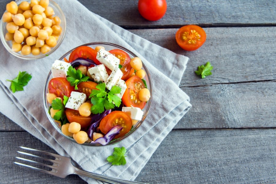 Pasta salad with tomatoes, cheese, and chickpeas