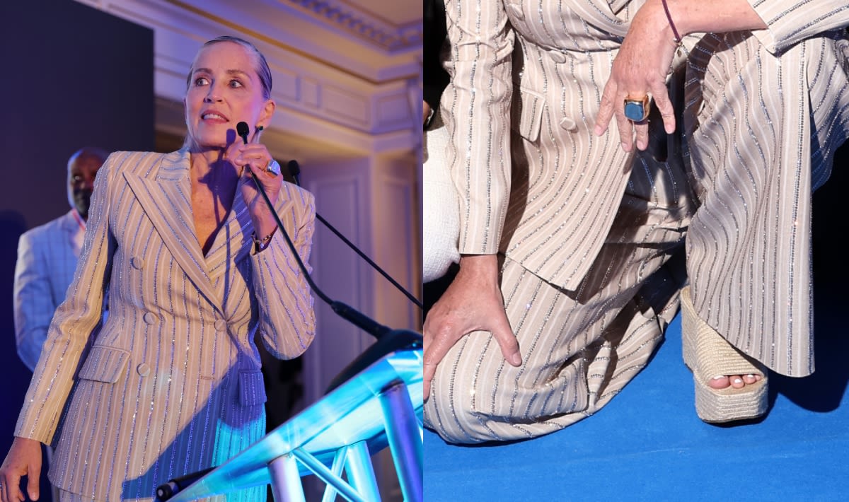 Sharon Stone Towers in Espadrille-Inspired Platform Sandals at The Olympic Gala Of Champions in Paris