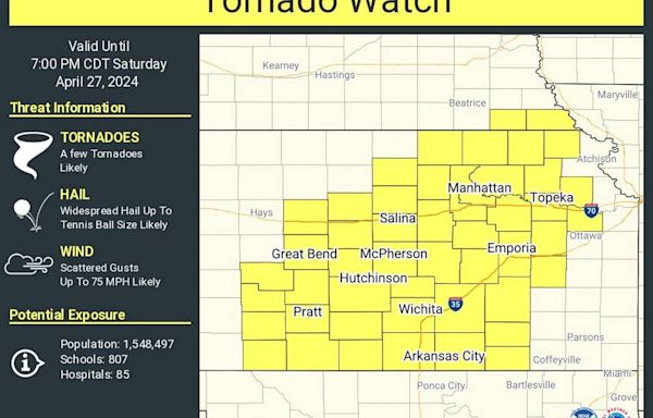 Weather service issues tornado watch for large part of Kansas, including Wichita