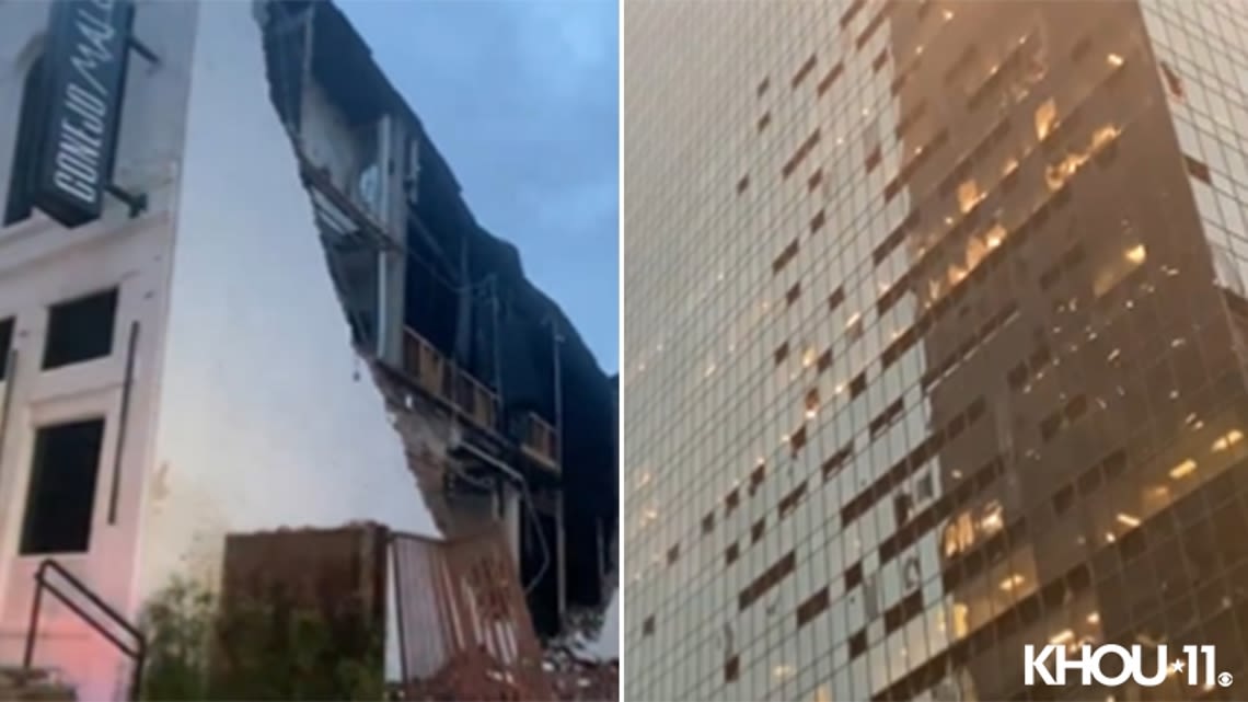 Downtown Houston damage: Wall of building collapes; storm blows out windows in skyscrapers