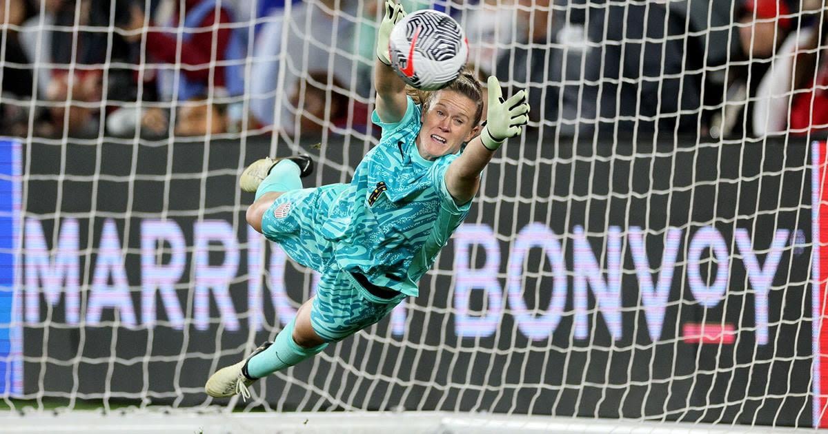 Alyssa Naeher #1 of the USA blocks a shot during penalty kicks in the victory over Canada in the final of the 2024 SheBelieves Cup at Lower.com Field on April 9, 2024, in Columbus, Ohio.
