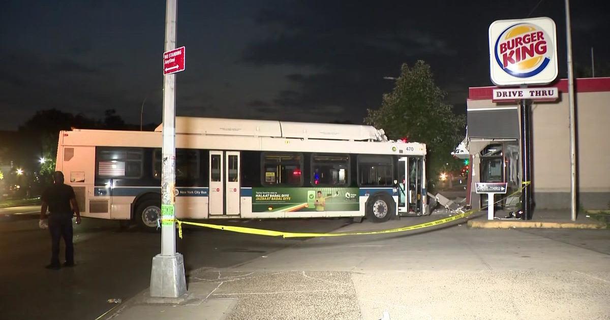 MTA bus crashes into Burger King in Brooklyn. Video shows the moment it loses control.