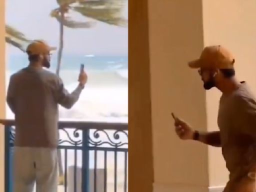 ...Kohli Spotted Showing Hurricane Beryl To His Wife Anushka Sharma On Video Call From Hotel Room In Barbados...