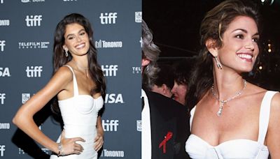 Kaia Gerber Recreates Mom Cindy Crawford’s White-hot ’90s Hervé Leger Bodycon Dress for ‘Shell’ Premiere at 2024 Toronto International...