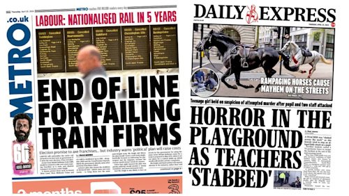 Newspaper headlines: Labour's 'vow to nationalise rail' and school stabbing