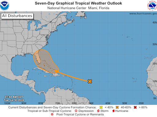 National Hurricane Center tracking system with 60% chance of developing. See Florida impact