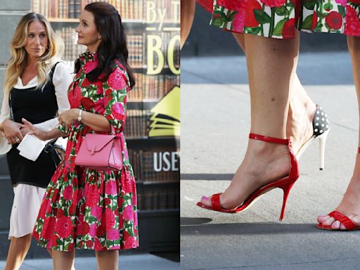 Kristin Davis Wears Red Heeled Sandals While Filming ‘And Just Like That’ With Sarah Jessica Parker in New York City