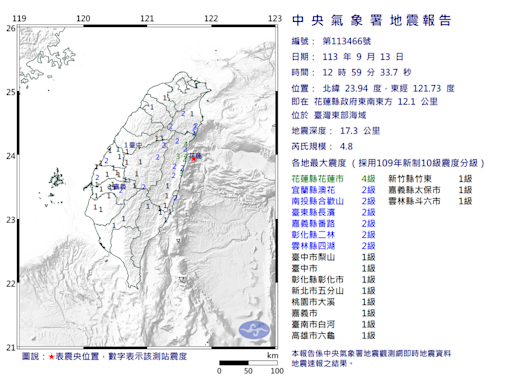 12:59花蓮發生4.8規模地震！氣象署：全台14縣市有感