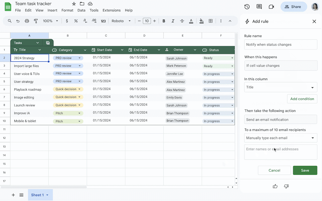 Google Sheets' new tool lets you set specific rules for notifications.