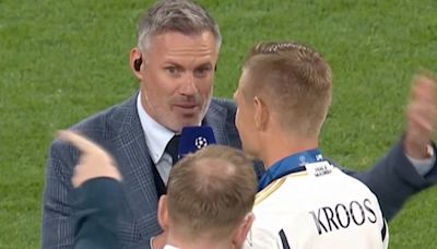 Watch moment Jamie Carragher is told off by staff mid-interview at Wembley