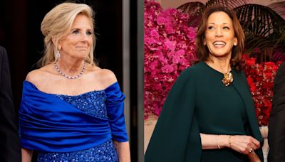 Jill Biden Dazzles in Sapphire Sergio Hudson Dress, Kamala Harris Dons Chloé Cape and More at White House State Dinner...