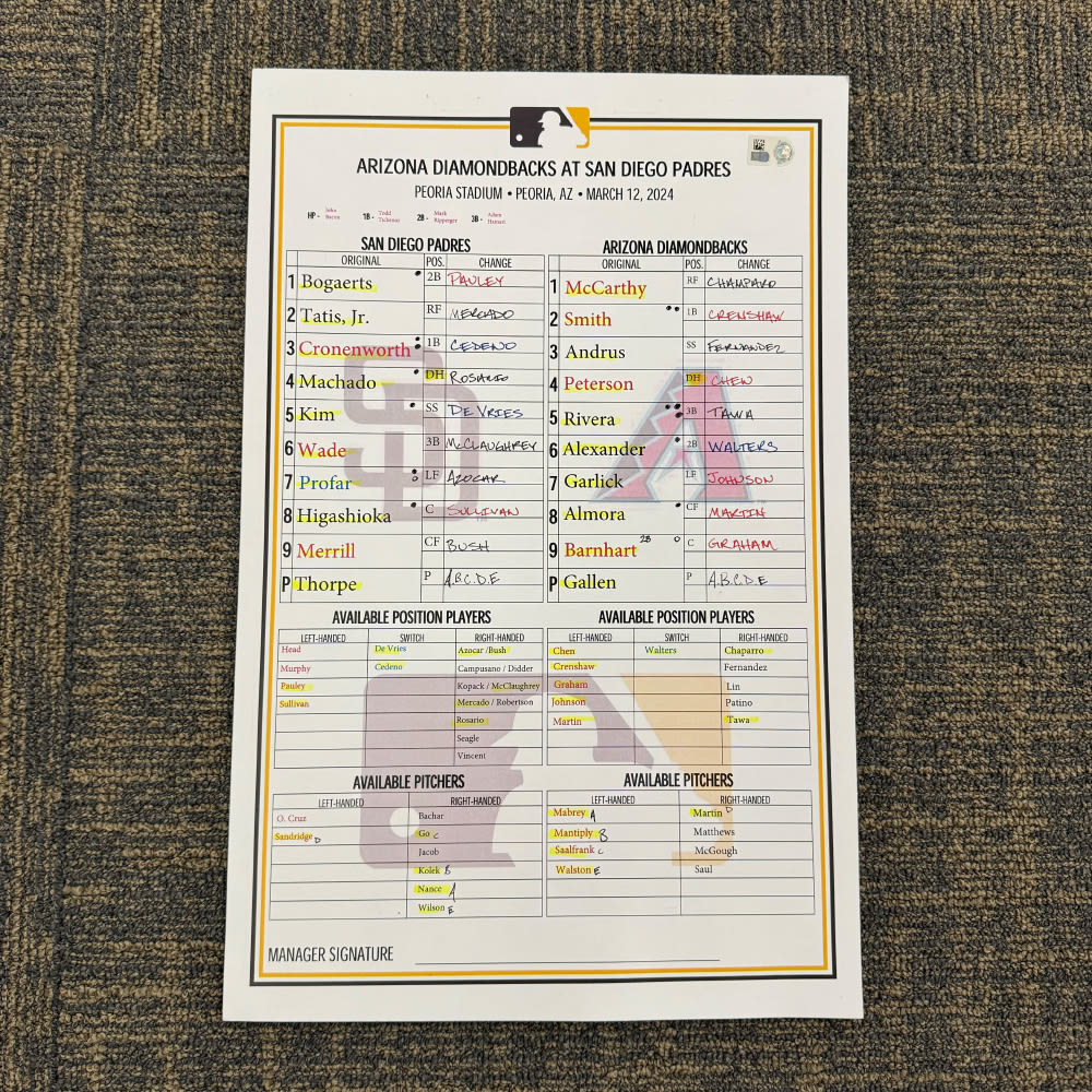 3/12/2024 ARI at SD Spring Training Game-Used Lineup Card - Jackson Merrill, Graham Pauley, Leodalis De Vries; MLB Authenticated