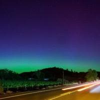 The Northern Lights, or Aurora Borealis, light up the night sky north of San Francisco after the most powerful solar storm in more than two decades