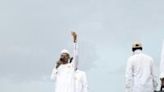 Chad ruler Mahamat Idriss Deby Itno hails the crowd at a campaing rally in Moundou, Dombao district