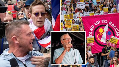 Two men arrested at Tommy Robinson rally after attack on anti-racism protester as 1,000 police officers deployed in central London