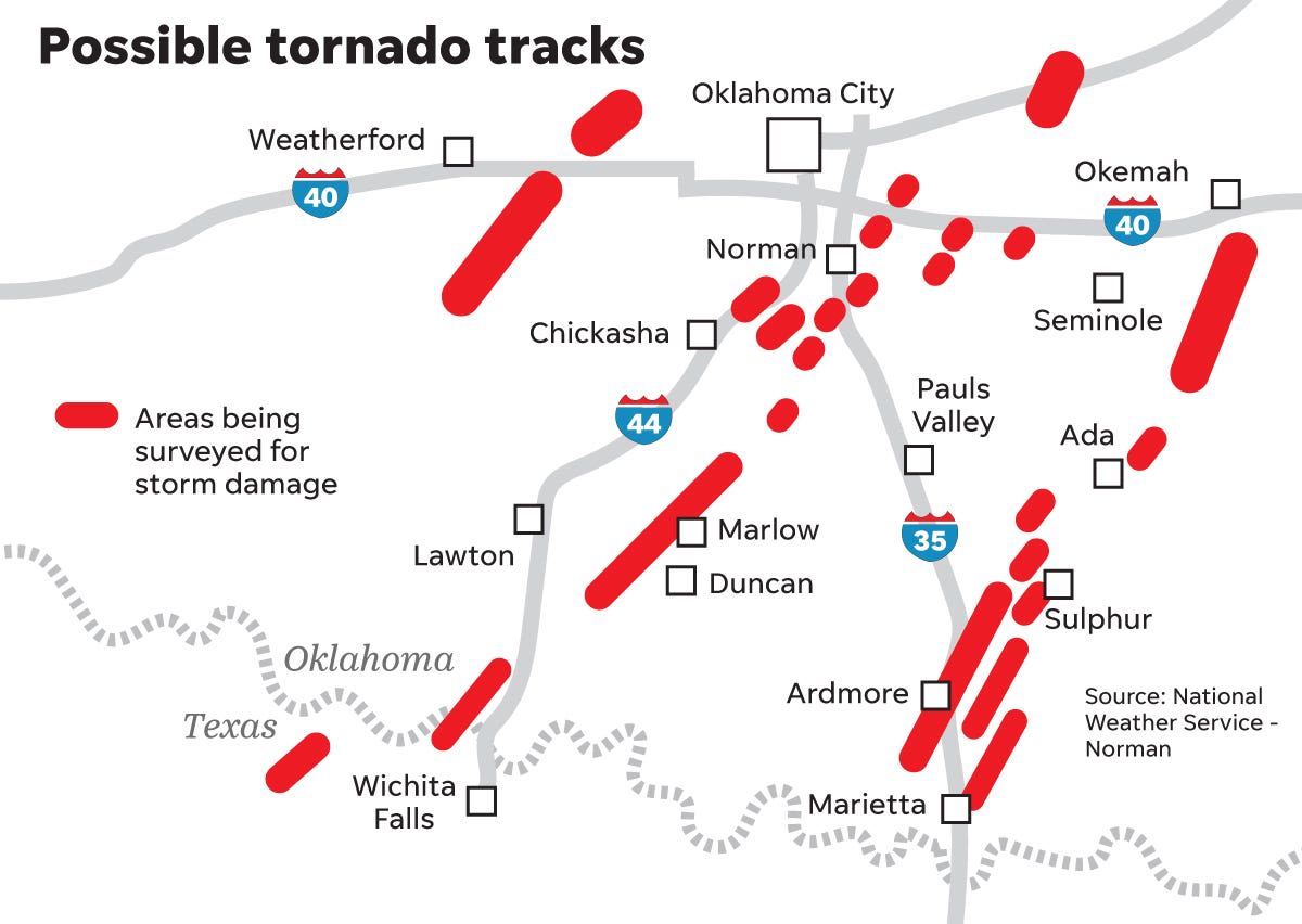 What towns in Oklahoma were hit by tornadoes this weekend? Map, severity