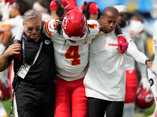 Chiefs WR Rashee Rice carted off with apparent leg injury vs. Chargers after colliding with Patrick Mahomes