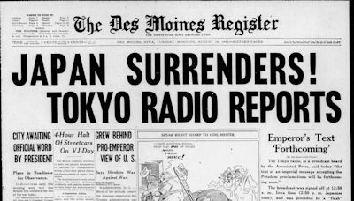 Historic front page from the Des Moines Register, Aug. 14, 1945: Japan surrenders; WWII ends