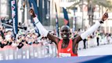 Dominic Ngeno, Stacy Ndiwa celebrate after winning 2024 L.A. Marathon