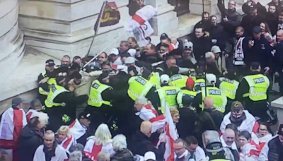 St George's Day central London rally turns violent as brawl with police erupts and six arrests