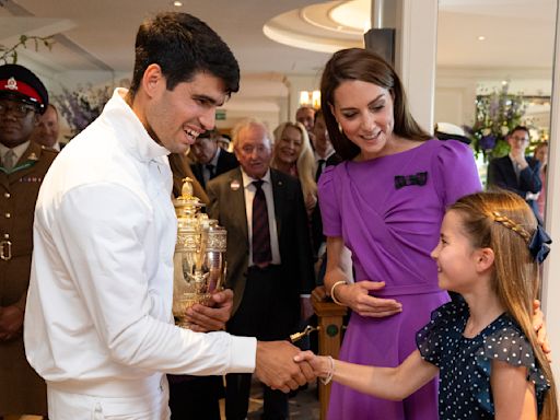 Kate, the Princess of Wales, hands Carlos Alcaraz his Wimbledon trophy in a rare appearance for her