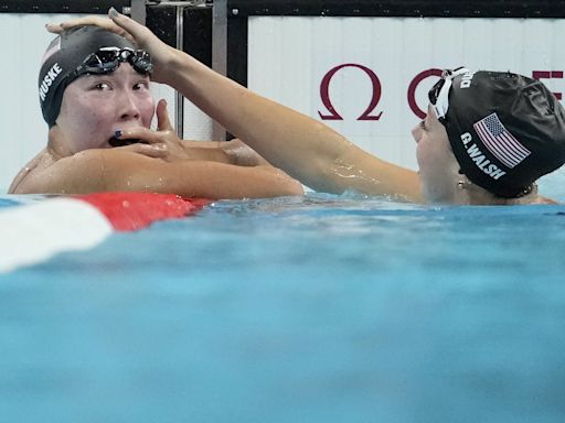 American swimmer Torri Huske edges teammate Gretchen Walsh by just .04 seconds in 100 butterfly