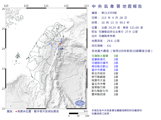 16:13 花蓮秀林地震規模4.6 最大震度3級