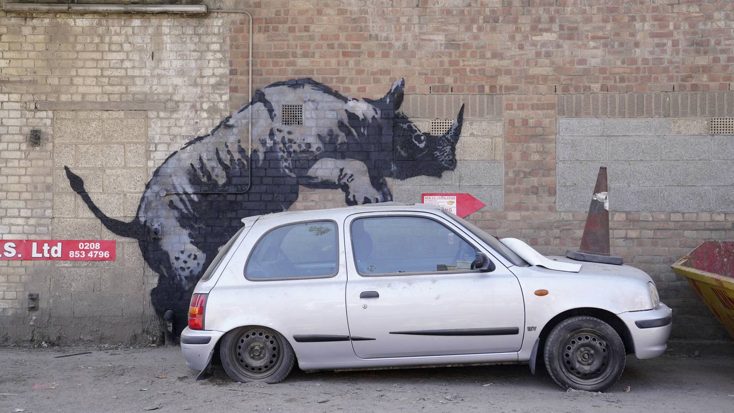 Banksy unveils new rhino art in an animal-themed collection that has popped up across London