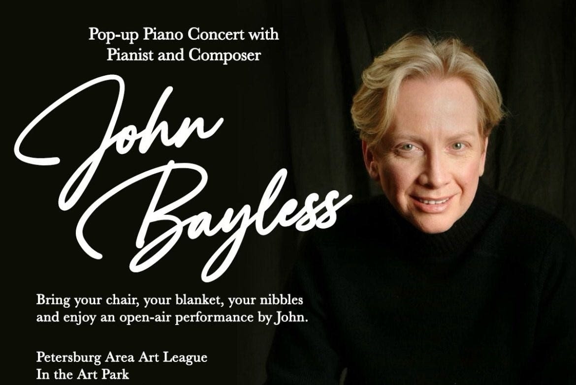 Petersburg: Virtuoso pianist, composer John Bayless performs in Art Park, rare opportunity