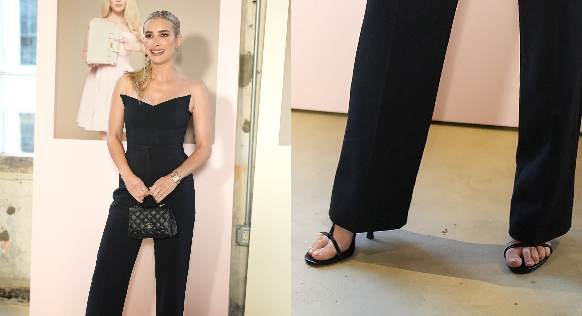 Emma Roberts Attends Fashionphile Event In Strappy Heeled Sandals and Angular Top