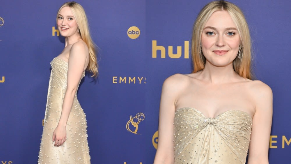 Dakota Fanning Shines in Pearl Overlay Armani Privé Dress for Emmy Awards 2024 Red Carpet