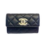 CHANEL 香奈兒  新款金屬鎖鍊雙C LOGO菱格紋小牛皮釦式零錢包/卡包(黑/香檳金)