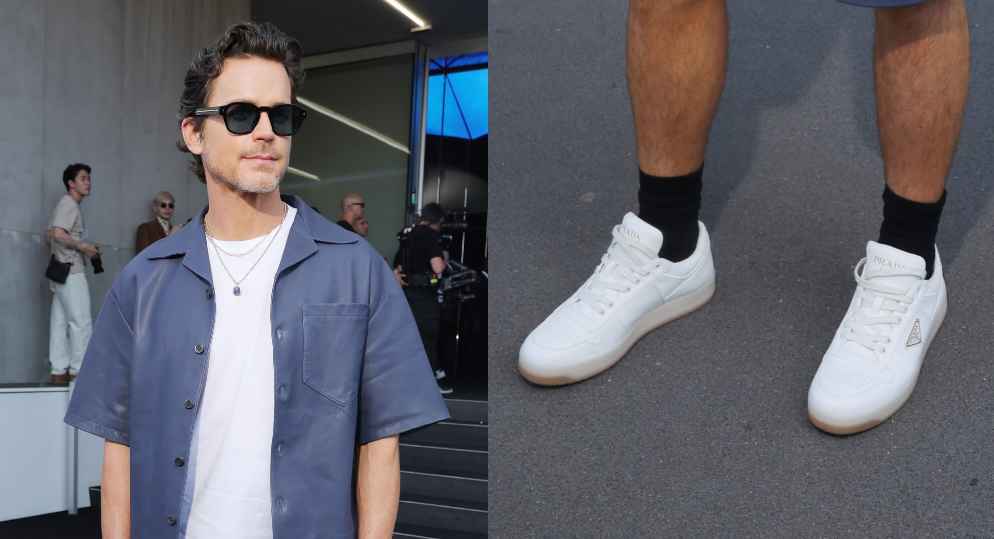 Matt Bomer Goes Sporty in White Leather Sneakers at Prada’s Summer 2025 Menswear Show During Milan Fashion Week