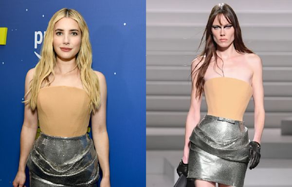 Emma Roberts Embraces Contrasting Fabrics in Strapless Versace Look for ‘Space Cadet’ Premiere